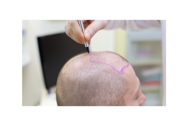 Surgical professional drawing out in marker a line on a man's head in preparation for hair restoration surgery