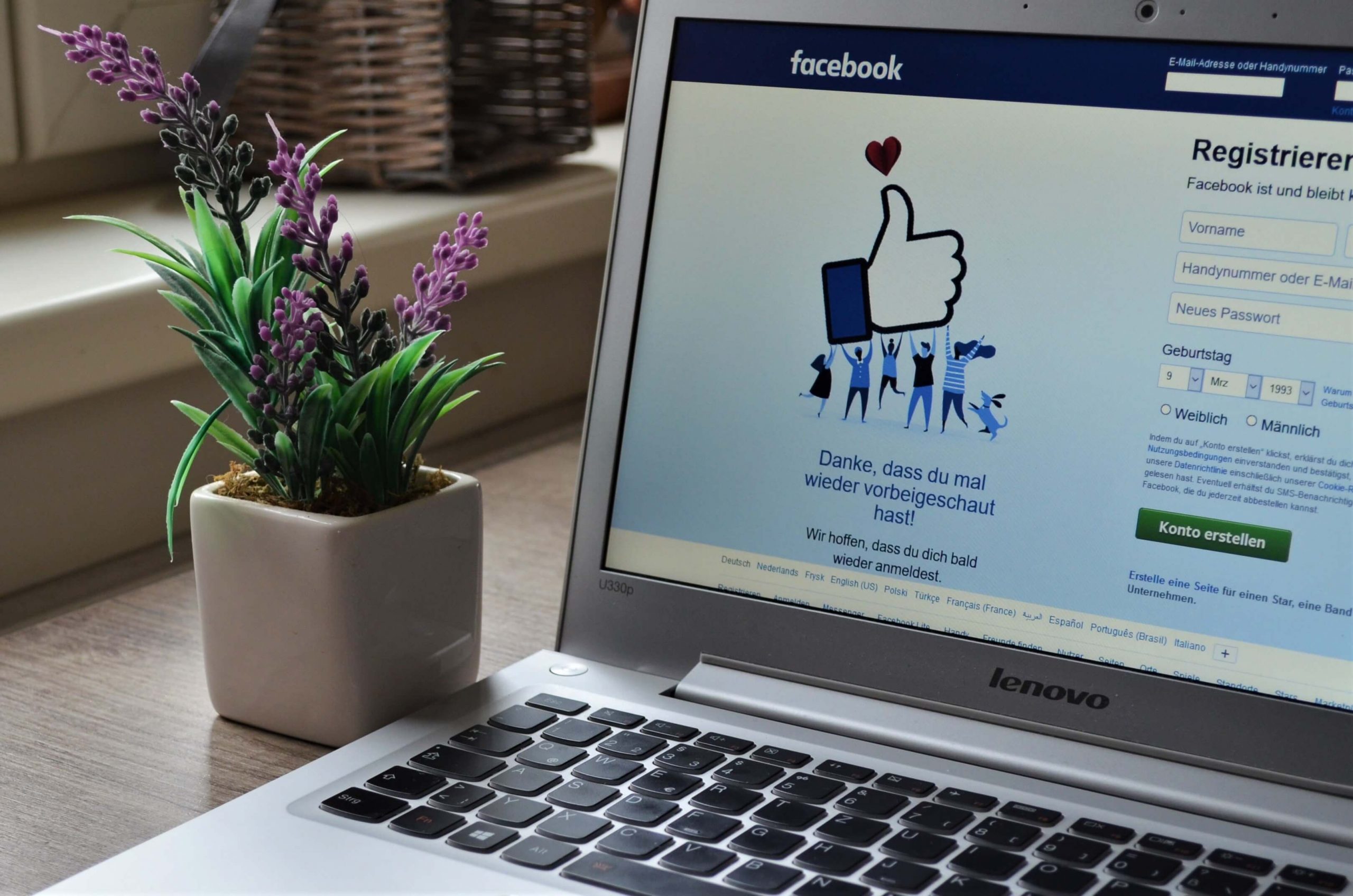 The Facebook login screen pulled up on a laptop