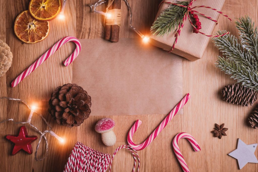 An assortment of various holiday-themed objects on a wooden table