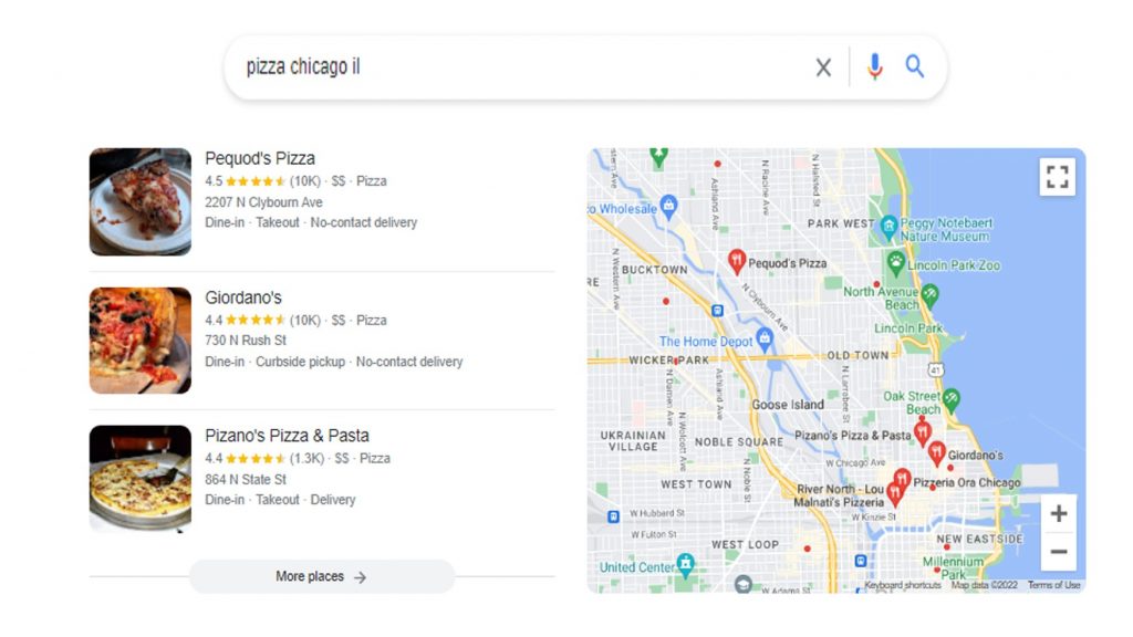 Google search screenshot showing three pizza restaurants in Chicago