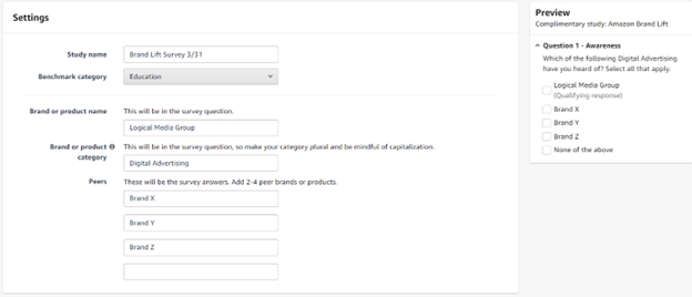 Amazon's brand lift survey empty with settings filled out