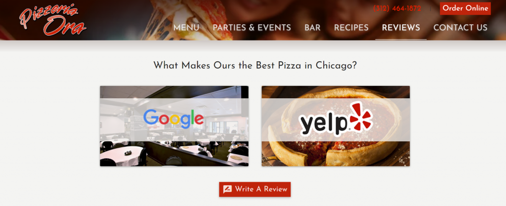 Screenshot of a pizza restaurant website’s Reviews page