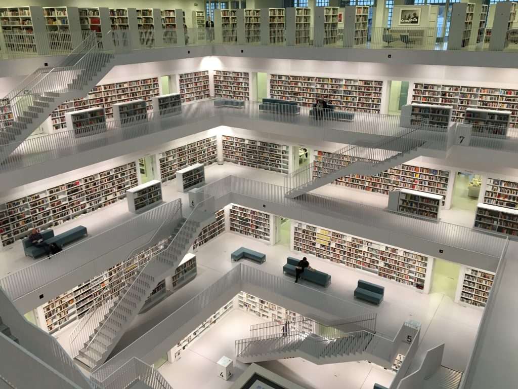 A viewpoint looking down at a modern looking library with four stairs