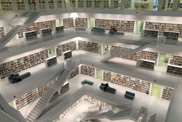 A viewpoint looking down at a modern looking library with four stairs
