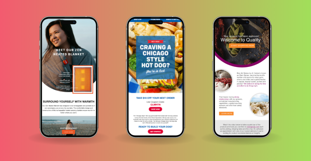 gradient background from pinkish red to lime green (on the right) with three iphones showcasing email campaign templates