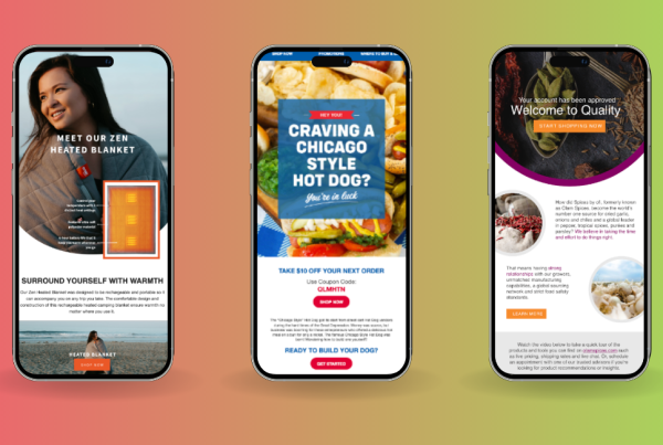 gradient background from pinkish red to lime green (on the right) with three iphones showcasing email campaign templates