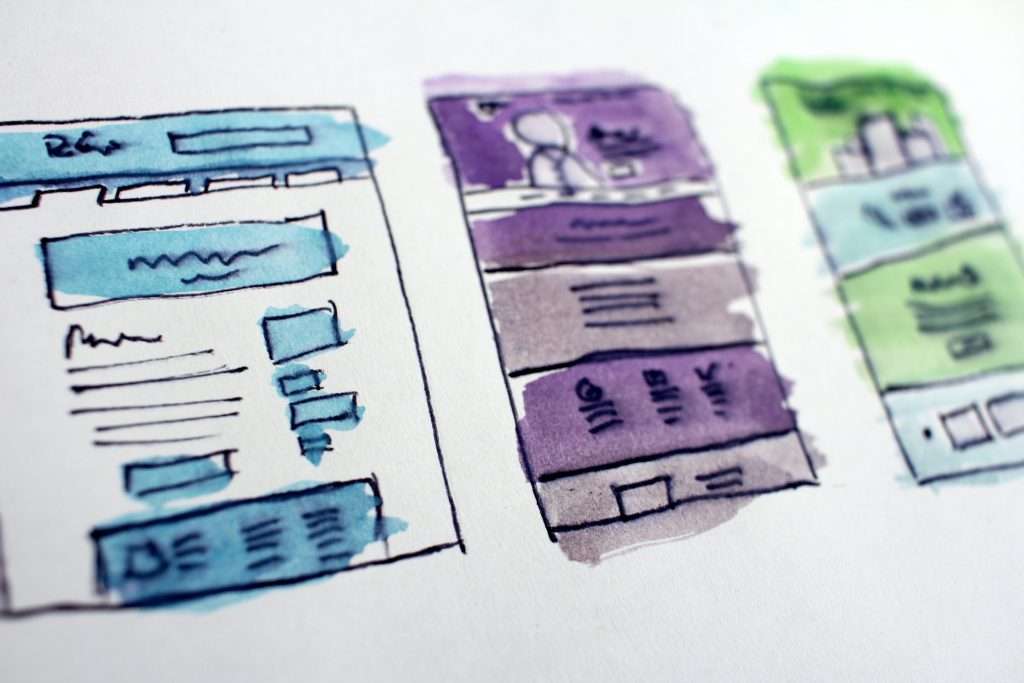 Three hand drawn and watercolor filled in mock ups of email marketing automation templates