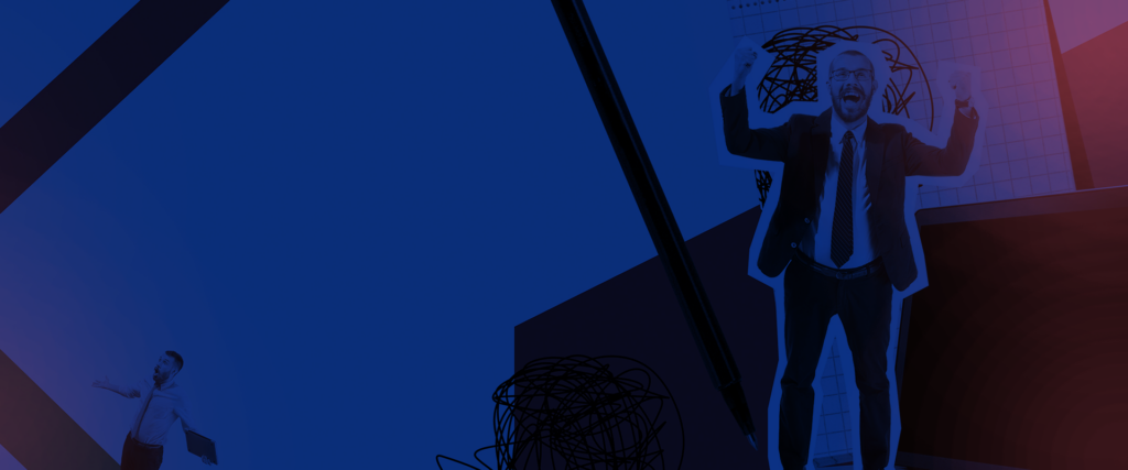 Dark blue overlay on a header photo of a man in a suit with two pumped fists out of joy; a smaller man is found in the left corner in a similar expression