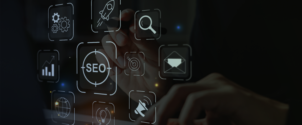 Digital icons floating with a person's hand behind them