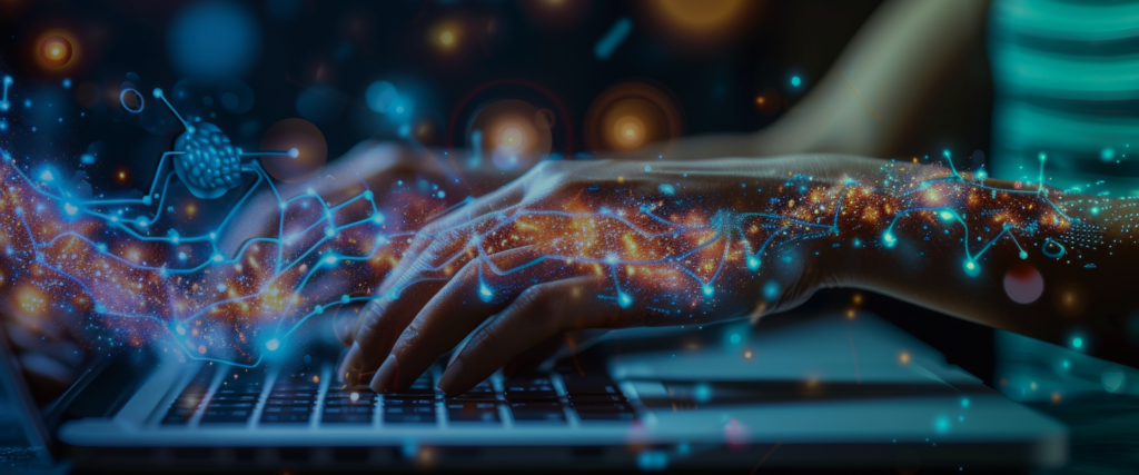 A person's hands on a Mac-like computer with twinkly lights signifying data and the future as an overlay