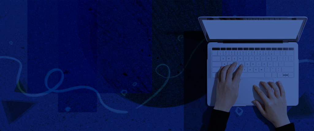 Dark blue overlay over a photo of two hands typing on a laptop emphasizing organic marketing