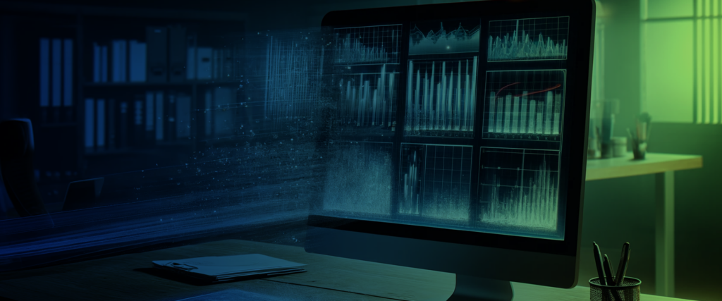 Gradient image of blues and greens of a computer with tables and charts on it, and an effect of the gradient color making the charts dark